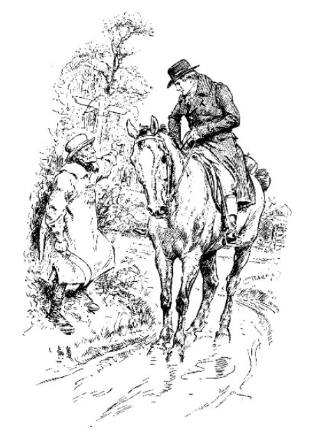 Image from William Cobbett's Rural Rides, showing Cobbett on a horse talking to a local person on foot