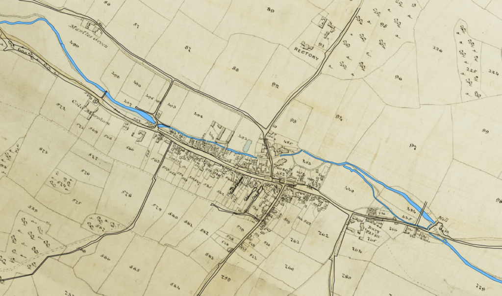 Georeferenced tithe map, with overlays of roads and water